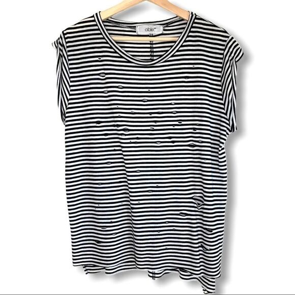 able Striped Distressed Slashed Rolled Sleeve Top - Picture 2 of 8